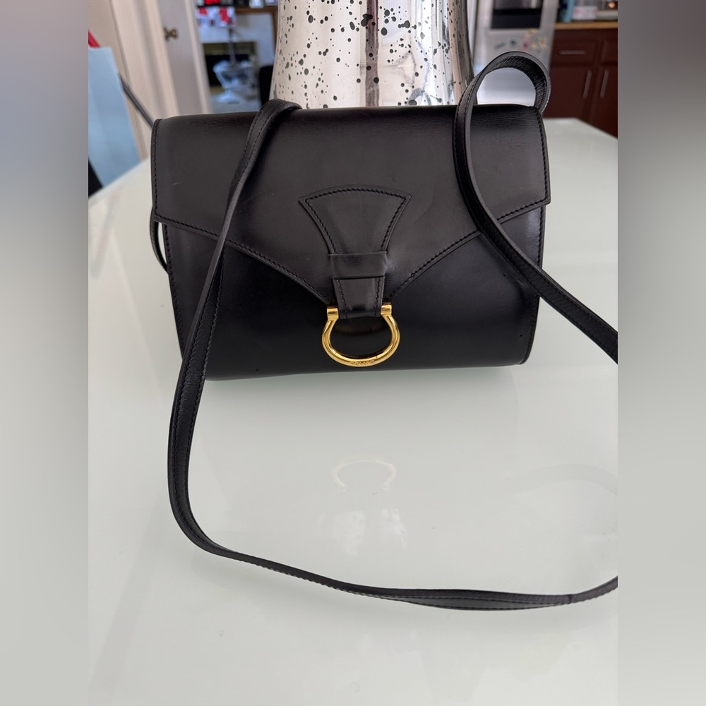 Celine Black Leather Crossbody Bag with Gold Accent